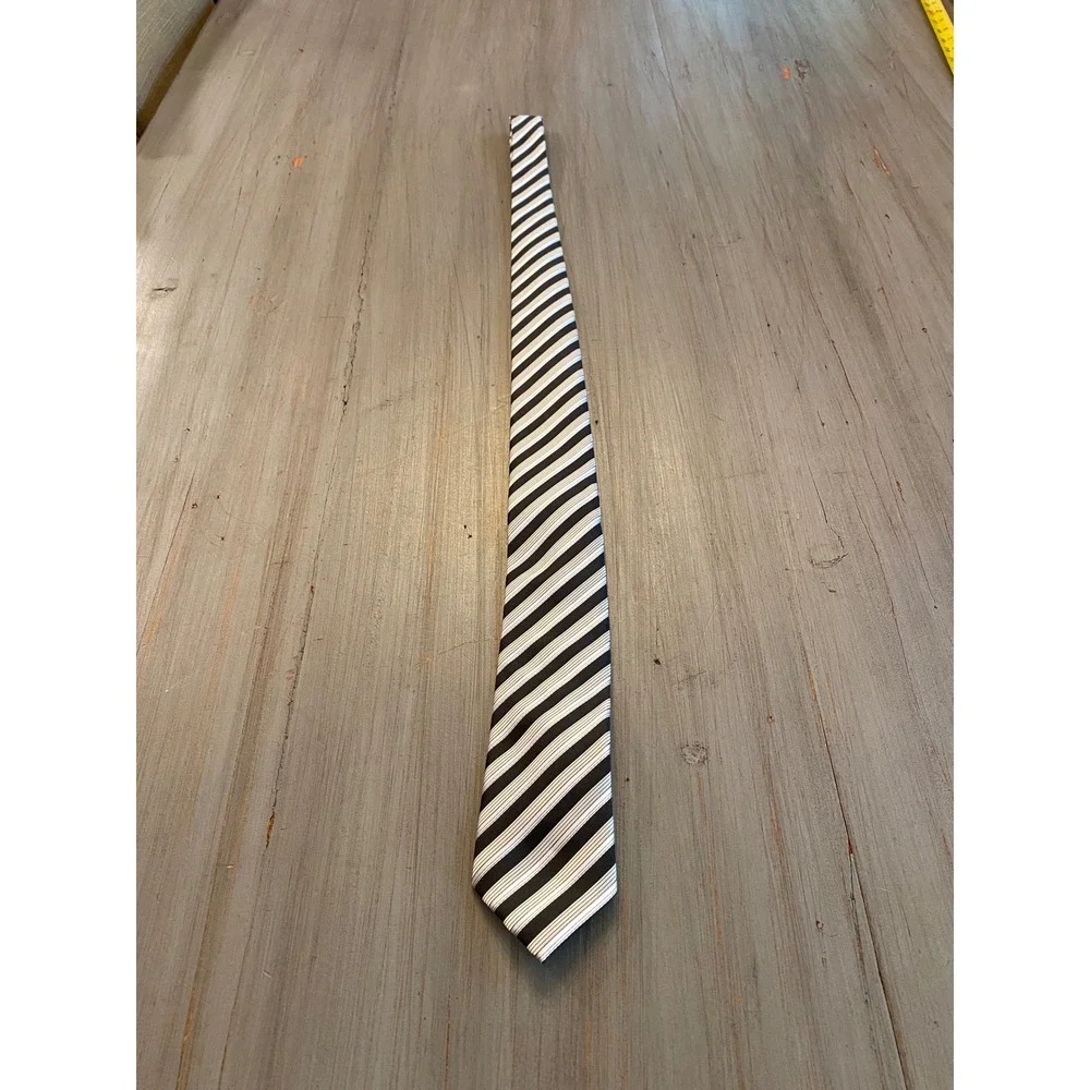 Bergamo New York Mens Necktie Black White Silver Striped Hand Made Polyester
